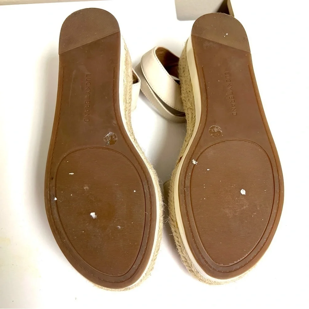 Lucky Brand Jeneka Espadrille Platform Sandals Ivory Leather 9.5 ankle straps.